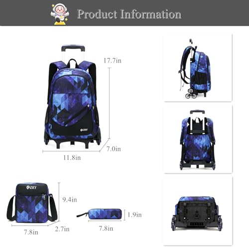 3Pcs Black Galaxy Rolling Backpacks for Boys Middle School Bags Trolley Elementary Bookbags on 6 Wheels3