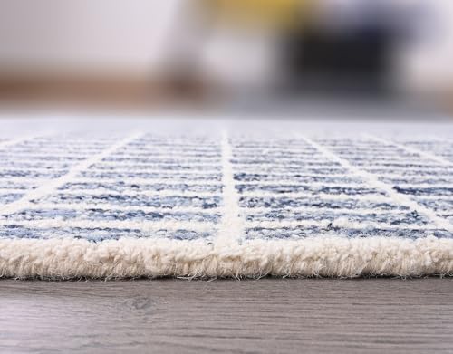 Image of Hand-Tufted 100% Wool Area Rug - Unique Modern Geometric Grid Pattern, Soft Plush Textured Carpet for Living Room, Bedroom, Dining Room & Entryway (Denim Blue, 9' x 12')