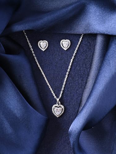 Image of Clara 925 Sterling Silver Zilvia Heart Solitaire Pendant Earrings Chain Ring Bracelet Jewellery Set | Platinum Plated, Swiss Zirconia |Gift for Women and Girls