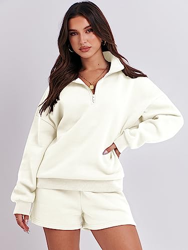 Anrabess Women's Oversized 2 Piece Lounge Sets Fall Outfits 2023 Long Sleeve Casual Pajamas Short Sweatsuit Sets Matching Set Loungewear Cozy Fall Trendy Clothes Set Ci775-Baise-Xl #TOP1
