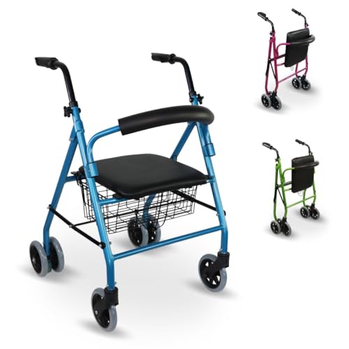 Mobiclinic®, Andador para ancianos, Modelo prado, Rollator, De aluminio, Ligero y plegable, Frenos por presión, Con asiento, Cesta 4 ruedas, Caminador mayores, Marca española, Color azul