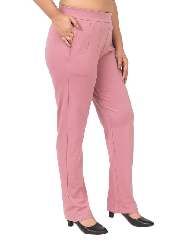 Image of Mlada Straight Fit Cigarette Pencil Pants Elastic Waist Band Mid High Waist Formal Office Trousers for Women, Pockets for Travel Stretch Cotton Knit Full Length Regular /Plus Size