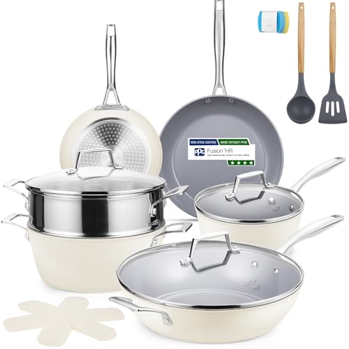 PekGema Ceramic Cookware Set Nonstick, 16 Pcs Pots and Pans Set Non Toxic, Oven Safe, Induction Cookware, Cooking Set with Steamer, PPG Ceramic PFAS PTFE PFOA FREE, Beige