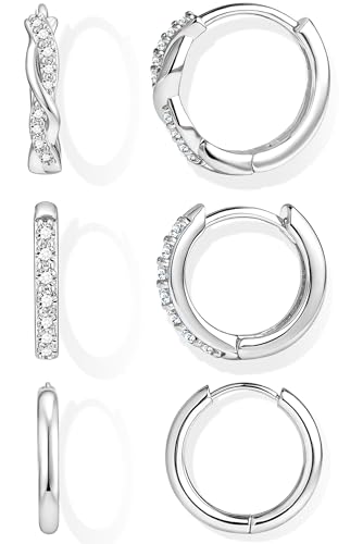 Inerney 925 Sterling Silver Huggie Hoop Earrings Set for Women, Dainty Small Cartilage Hoops Hypoallergenic Jewelry for Multiple Piercings, Trendy Twisted Mini Earring Stacks Gift for Sensitive Ears