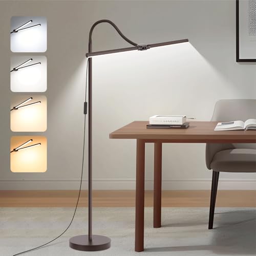 Floor Lamp, 18W/2000LM Bright LED Floor Lamp with Double Head, Adjustable Gooseneck Dimmable Craft Light for Sewing Tatoo Makeup, Eye Caring Brown Reading Floor Lamps for Living Room Bedroom Office