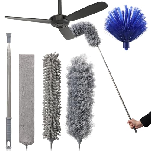 Feather Duster 5PCS kit, Dusters for Cleaning Dust with Extendable Pole Up to 243 CM. Washable Feather Duster Set Includes Bendable and Reusable Gap Hand Crevice Brush for Cobwebs, Lights, Furniture