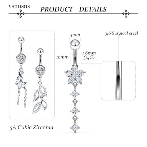 Vsnnsns 14G Dangle Belly Button Ring Piercing Jewelry 316L Stainless Surgical Steel Navel Rings Cubic Zirconia Heart Flower CZ Dangling Belly Button Ring Piercing Jewelry for Women Hypoallergenic3