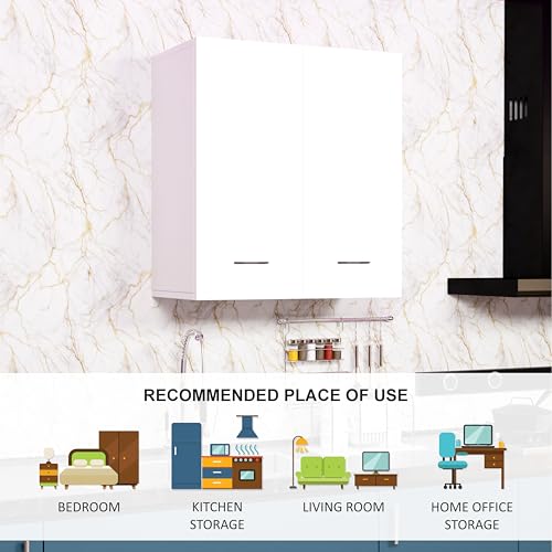 Image of 2 Door Wall Mounted Cabinet with Adjustable & Fixed Shelf | Engineered Wood Storage for Kitchen, Bathroom, Office & Living Room | DIY Assembly | Color: White | Size: 60 x 33 x 63.8 cm