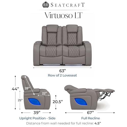 Image of Seatcraft Virtuoso LT Gray Italian Leather Home Theater Seating, Zero Gravity Power Recliner, Powered Headrest and Lumbar Gaming and Home Office Chair, Heat and Massage Lounge Sofa, Row of 2 Loveseats