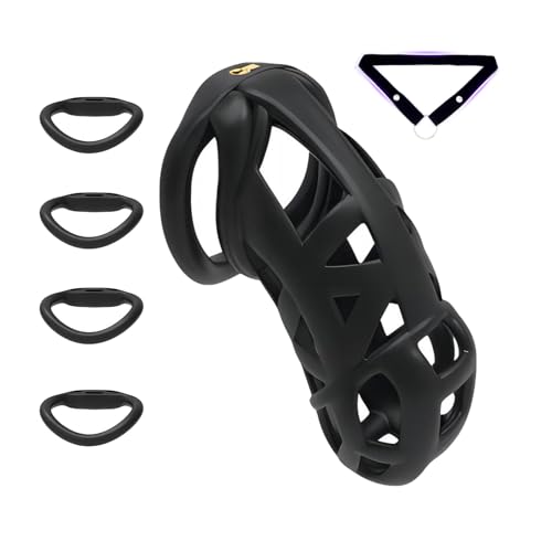 Cage de Chasteté Pénis Sex Toys Chastity Cage pour Pénis avec 4 Anneaux Différents Ceintures de Chasteté avec Serrures Invisibles pour Immobiliser Les Pénis d'Hommes Respirante et Légère (Black,XXL)