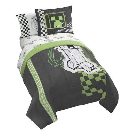 Minecraft Creeper - Juego de edredón tamaño matrimonial, ropa de cama de 7 piezas, incluye juego de sábanas y fundas de almohada, ropa de cama infantil súper suave verde y gris