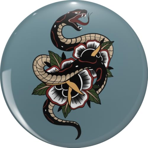 Traditional Tattoo Style Snake with Black Rose Design - American Traditional Flash Art - Lapel Pin Brooch Badge Novelty Gift 0.75"