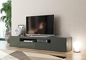 Dmora Wohnzimmer TV-Ständer, Made in Italy, TV-Ständer mit 3 Türen und Regalen, cm 200x40h37, Farbe Anthrazit glänzend