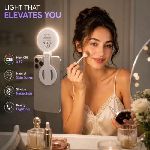 Image of Magnetic Selfie Light for Phone with 180 Rotation - Mag Safe Compatible with Adhesive Metal Ring for Android, 3 Color Modes for Reels, Video Calls, Live Streaming & Content Creation (White)