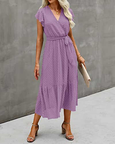 Image of BTFBM Women Summer Bohemian Floral Casual Wrap V Neck Ruffle Cap Sleeveless Belt A-Line Pleated Hem Midi Sun Dress White