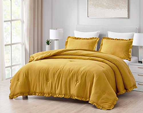 Chezmoi Collection Nora Mustard Yellow Comforter Set Queen Size 3-Piece Lightweight Fluffy Soft Lightweight Bedding Ruffled Edge Trim Stone-Washed Microfiber Comforter Set for All Season