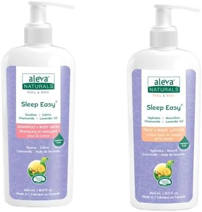 Aleva Naturals Soothing Baby Care Set for bedtime bath, Sleep Easy Hair & Body Wash, 240ml & Sleep Easy Calming Lotion, 240ml, Clear