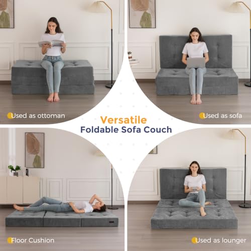 Image of MAXYOYO 6 inch Folding Sofa Bed for Floor, Tufted Tri-Fold Floor Mattress