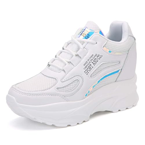MIXSEN Baskets Compensées Femmes Chaussure de Course Marche Sport Tennis Légères Respirante Basses Compensées Talon 8 cm Sneakers(Blanc-Bleu,38EU)