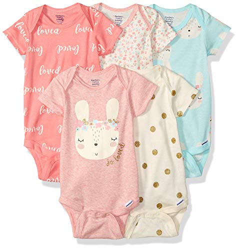 GERBER Baby Girls 5-Pack Organic Short-Sleeve Onesies Bodysuit, Bunny Love, 6-9 Months