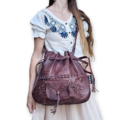 Moroccan Leather Bucket Bag, Handmade Boho Crossbody Drawstring Purse for Women