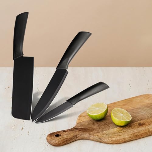 Image of Professional Kitchen Knife Set, 3-Piece Black Chef Knives with Cover Ergonomic Handles Sharp Manual Sharpening for Home Kitchen & Restaurant (Dark Black)