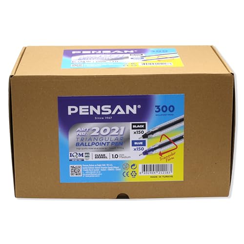 Image of PENSAN Ballpoint Pens Bulk Pack, 300-Count - (150 Black & 150 Blue) Ink Pens, 1.0mm Medium Point, Ergonomic Triangle Grip, Smooth Writing