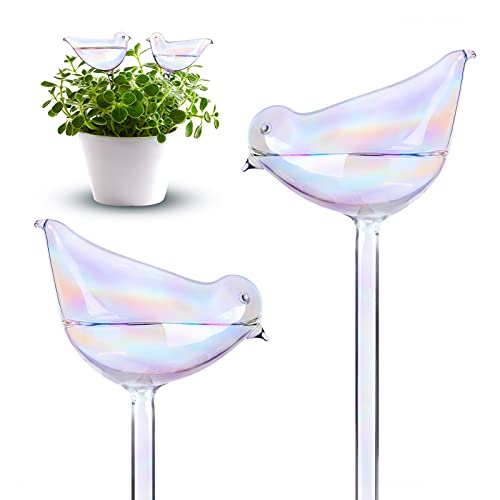 NiHome 2-Pack Self-Watering Globes Iridescent Plant Watering Globes, Premium Plant Waterer Self Watering Spikes, Decorative Hand-Blown Glass Watering Bulbs (Bird)