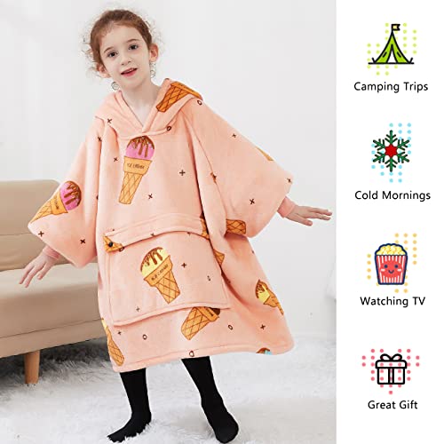 Image of KFUBUO Wearable Blanket Hoodie for Kids Sherpa Patterns Oversized Sweatshirt Blanket With Pocket 6-10 Year Old Girl Birthday Gifts Ice Cream