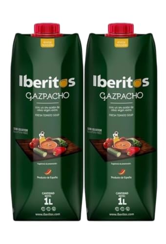 Iberitos Gazpacho Sin Gluten 1L | Tomate Natural con Pimiento, Pepino, AOVE y Vinagre de Jerez | Bebida Refrescante Verano | PACK 2