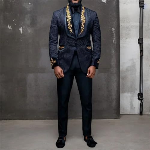 Men Black Floral Suits with Buttons Shawl Lapel Jacket with Pants 2 Piece Wedding Groom Tuxedo3