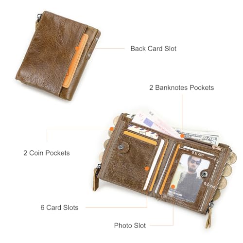 Leather RFID Blocking Bifold Wallets for men, Men's Genuine Leather Card Holder Purse Zipper Coin Pocket Double Zipper Bifold Wallet3