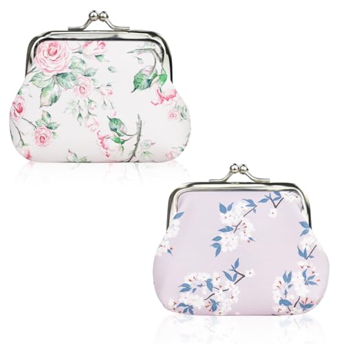 Image of FuninCrea 2 Pcs Faux Leather Coin Purse for Women with Kiss Lock, Floral Pattern Change and Coin Wallet Double Clasp Closure Mini Wallet for Cash Key (Rose+Light Purple)