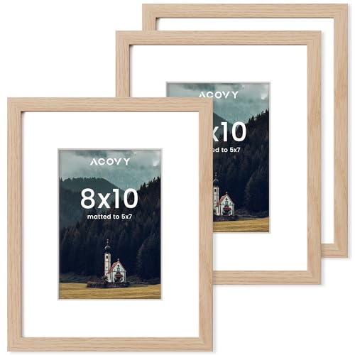 Acovy 8x10 写真フレーム、8x10 フレーム マット5x7、写真フレーム 8 x 10 高解像度プレキシガラス付き、壁&卓上ディスプレイ用フォトフレーム (オーク、3パック)