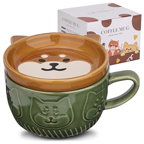Niedliche Keramik Hund Kaffeebecher mit Deckel,Kaffeebecher oder Teebecher für Hundeliebhaber,Lustige Neuheit Hund Frühstück Tassen für Frauen Freunde Kinder Weihnachten Geburtstag,300ML