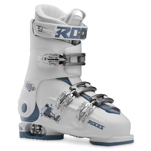 ROCES Idea Free Adjustable Youth Ski Boots – White/Teal | Kids & Junior Alpine Ski Boots Size 22.5-25.5 | 3-Buckle with Power Strap