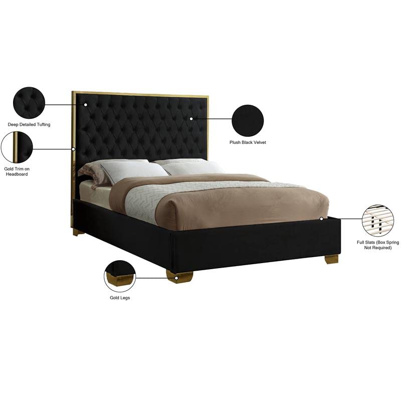( incomplete missing box) Meridian Furniture Lana Collection Modern | Contemporary Velvet Upholstered Bed with Deep Detailed Tufting and Gold Legs, Queen, Black