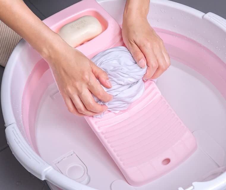 GRTG Lavabo plegable + tabla de lavandería, redondo, adecuado para lavar la ropa con la mano (color: rosa, tamaño: 1 unidades)