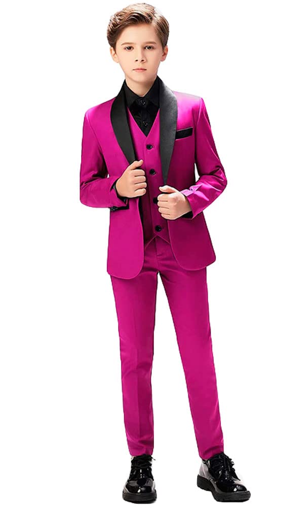 3 PC Boys Formal Suit Shawl Lapel Blazer Vest Pants Boys Party Suit Kids Wedding Tuxedos Fuchsia 14T