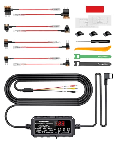 Range Tour Hardwire Kit USB-C con Pantalla LED, 3-Core 12-32V a 5V/3A 4m Kit de Cable de Cargador Protección Ajustable de Baja Voltaje Monitoreo de Estacionamiento con Fusible, 4 Tipo Adaptadore