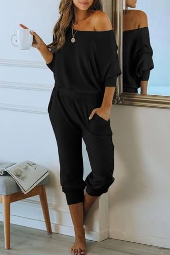 PRETTYGARDEN Two Piece Sets for Women Fall 2025 Ribbed Knit Off Shoulder Tops Lounge Pants Tracksuit Fashion Clothing3