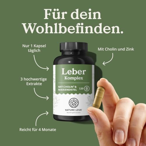NATURE LOVE Leber Komplex - 120 Kapseln - 80% Silymarin, Cholin & Zink