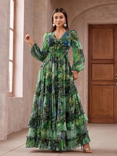Image of TOLEEN Summer Casual Dresses for Women 2024 Spring Fashion Boho V Neck Long Sleeve Ruffle Floral Print Elegant Maxi Dress