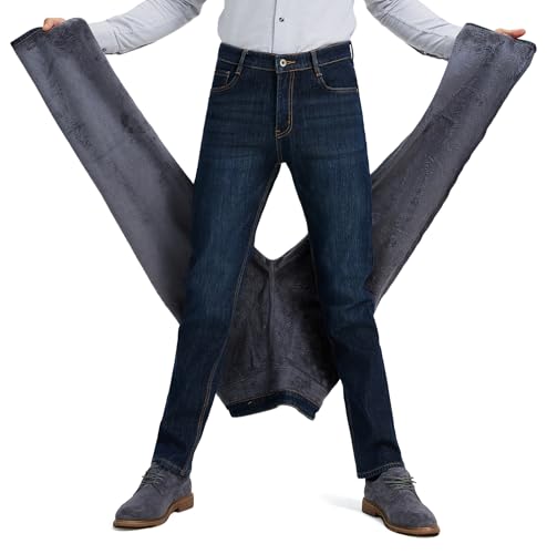 Thermal Stretch Jeans for Men Fleece Lined Winter Pants Regular Fit Business Casual