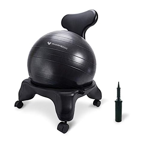 Pharmedoc Balance Ball Chair - Back Support for Home and Office with Exercise Ball, Pump, Removable Back & Lockable Wheels Cover