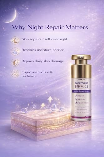 Image of NEW Face-moist RES-Q Night Repair Serum | Overnight Skin Repair, Restore & Reconstruct Formula | Dermatologically Tested, Skin pH Friendly Serum | Suitable for All Skin Types | 30 ml