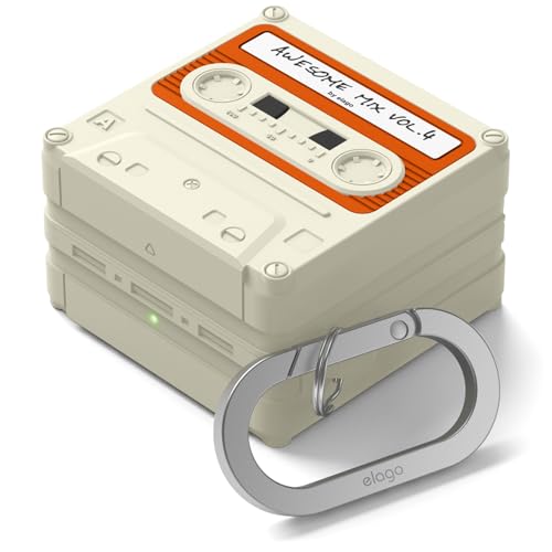 Image of elago Cassette Tape Compatible with Samsung Galaxy Buds 4 Pro Case & Galaxy Buds 4 Case, Carabiner Included, Full Protection, Headphone Accessories, for Men, for Women (Classic White)