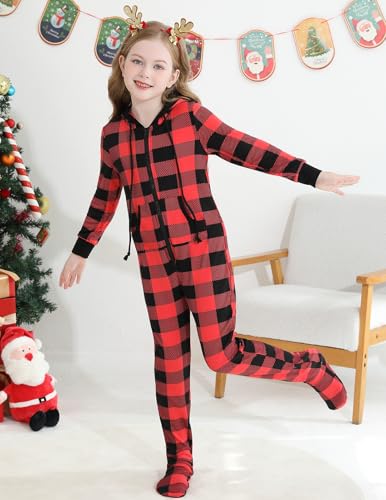 Image of Veseacky Family Christmas Pajamas Matching Sets Adult Onesie Zipper Hooded Footed One-Piece Pjs Jumpsuits