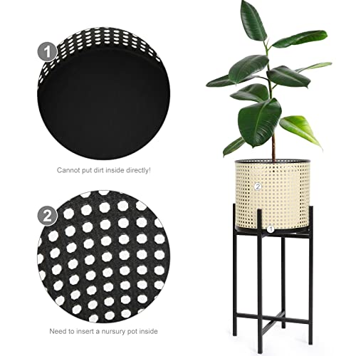 Rattan Imitation Weaving Metal Planter Set With Stands, Med-Century Style Plant Pots Holders For Indoor Plants, Floor Standing Plant Containers With Black Plants Stands, Pack Of 2 ( 24.4 Inches Tall) #TOP3