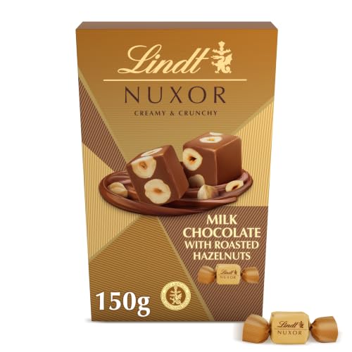 Lindt Nuxor bombones Chocolate con Leche y avellanas, chocolate Lindt, chocolate con frutos secos, cremoso, crujiente, bombones para regalar, 150 g